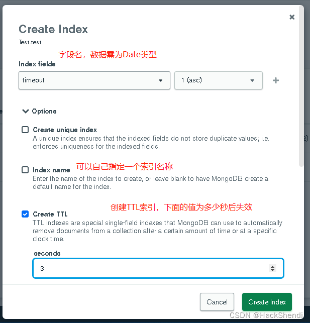 新建TTL索引 - Shendi