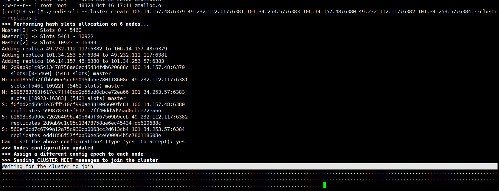 搭建Redis集群遇到的问题：Waiting for the cluster to join~~~