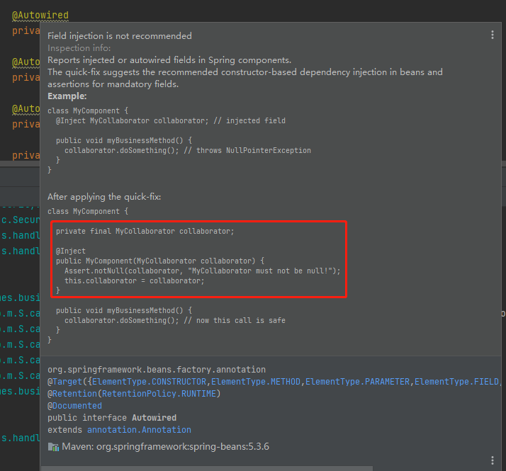 Autowired：Field injection is not field