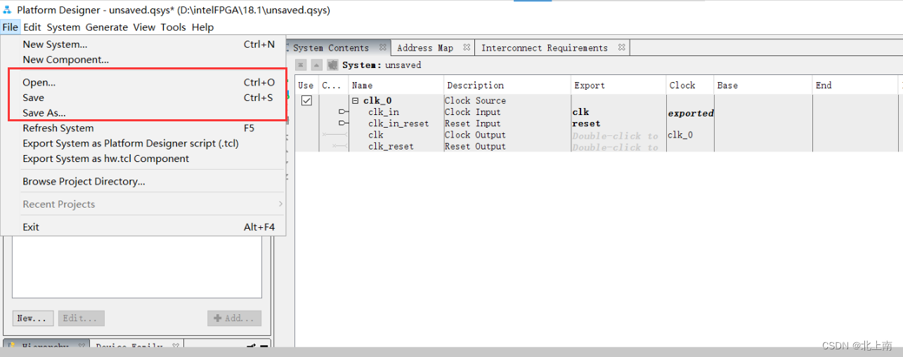 在用Quartus18.1中的Platform Designer里菜单栏file工具时，会出现闪退_quartus platform