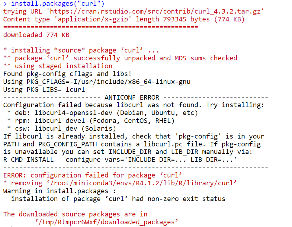 installation of package curl had nonzero exit status