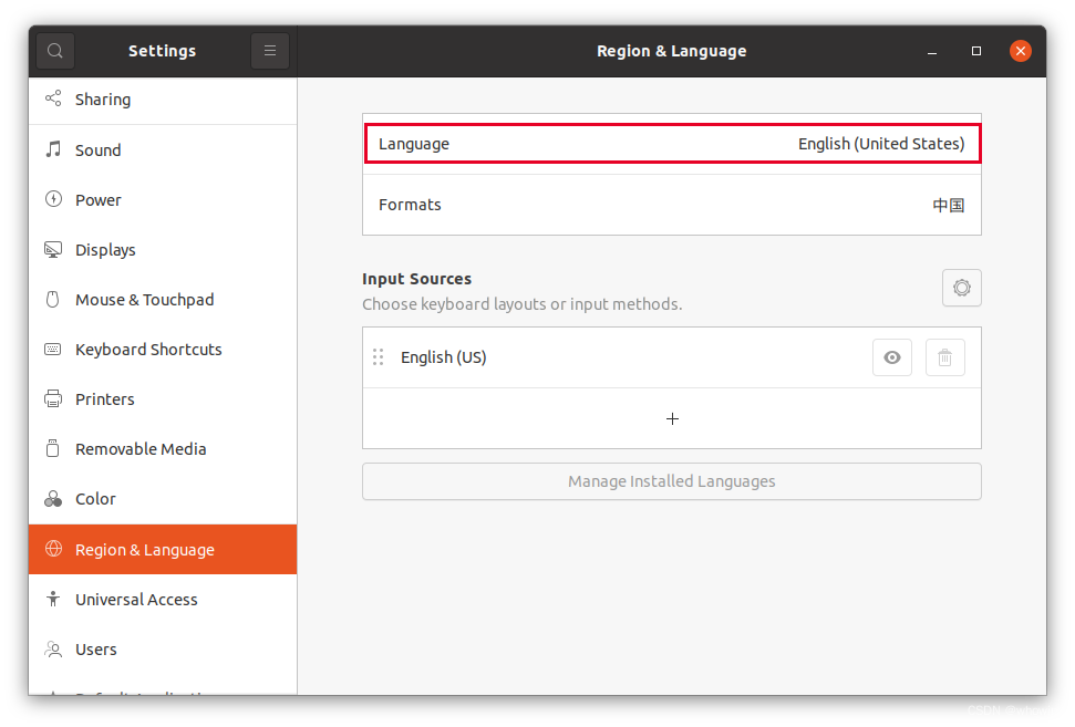 在 Region & Language 中选择 Language
