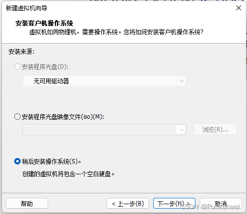 选择 稍后安装操作系统