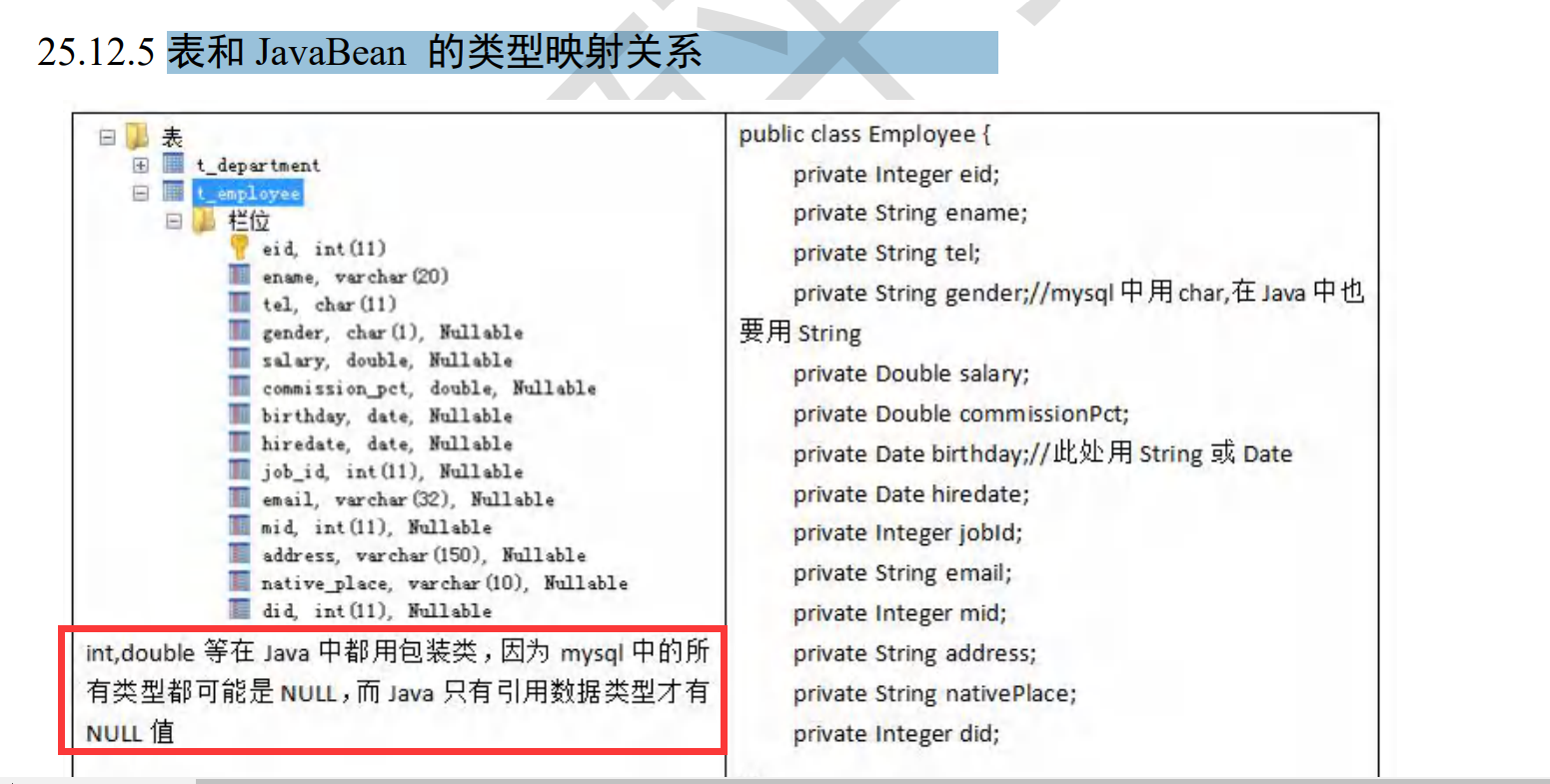 表和 JavaBean 的类型映射关系