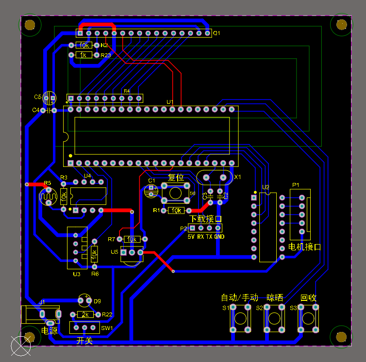 基于51单片机的智能遥控晾衣架温度湿度光强检测proteus仿真原理图PCB