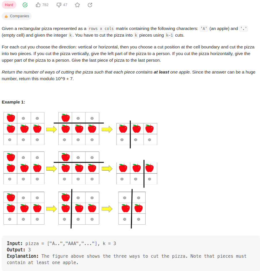 leetcode 1444. Number of Ways of Cutting a Pizza（切披萨的方法数）