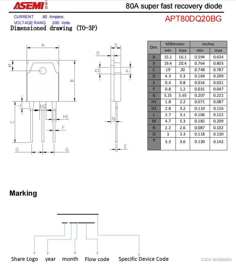 APT80DQ20BG-ASEMI快恢复二极管80A 200V