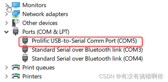 The Windows host recognizes the serial port device