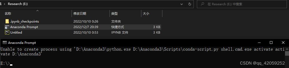 Unable to create process using ‘D:\Anaconda3\python.exe D:\Anaconda3\Scripts\conda-script.py shell.c