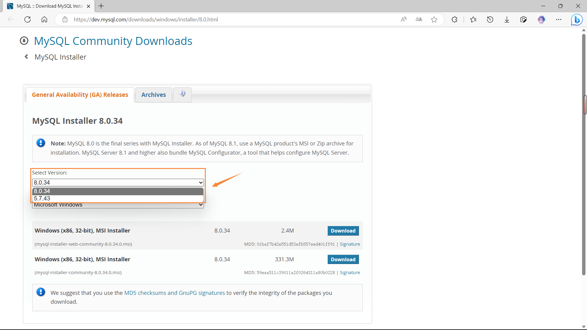 在 General Availability(GA) Releases 中选择适合的版本