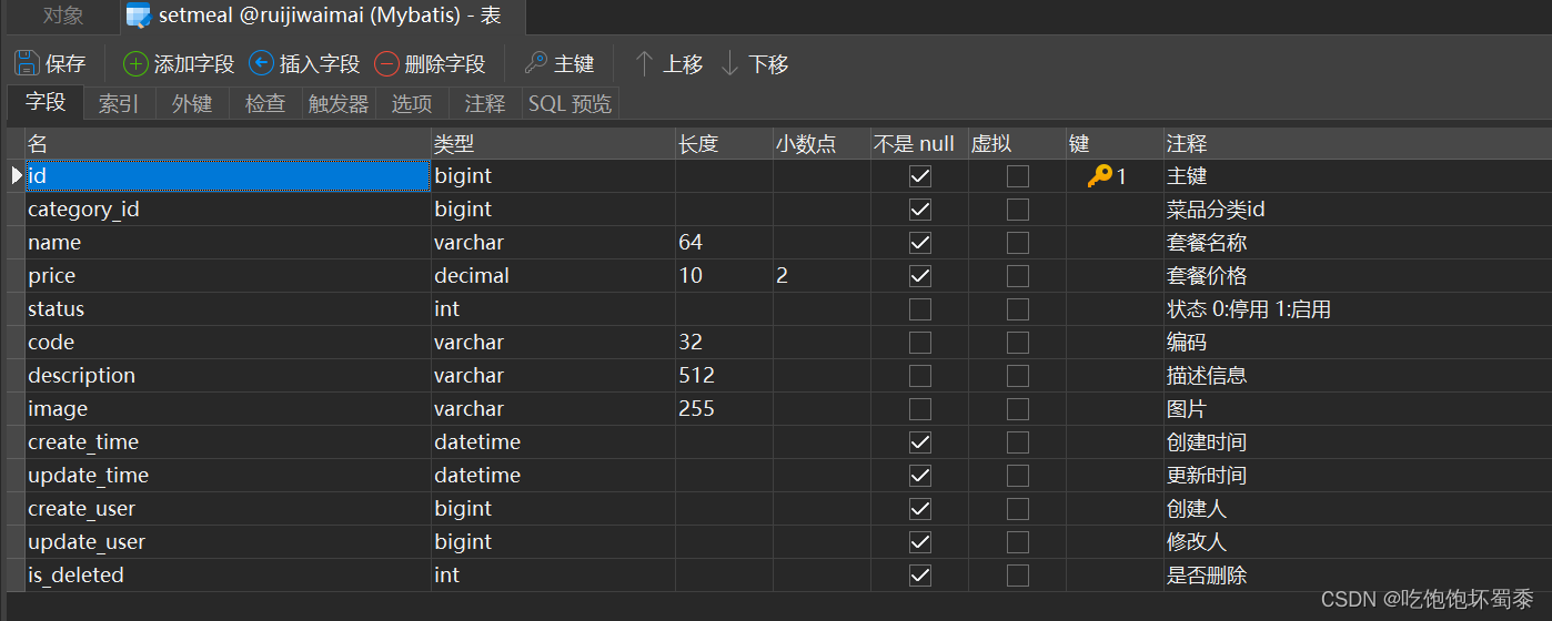 套餐的表结构