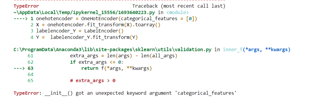 jupyter notebook 报错：TypeError: __init__() got an unexpected keyword argument ‘categorical_features‘