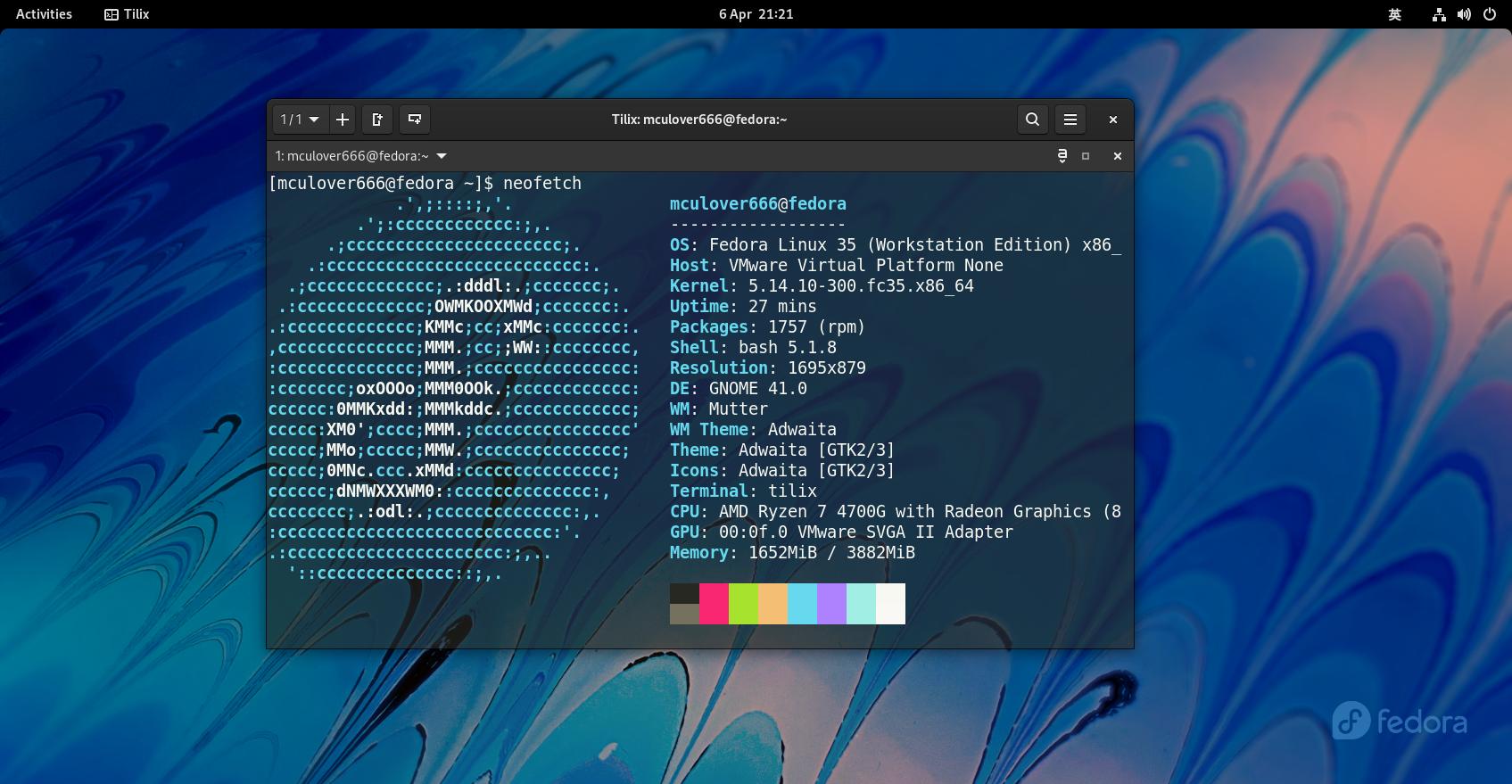 VMware安装Fedora 35 Workstation及使用体验