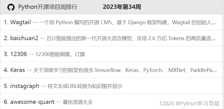 Python开源项目周排行 2023年第34周