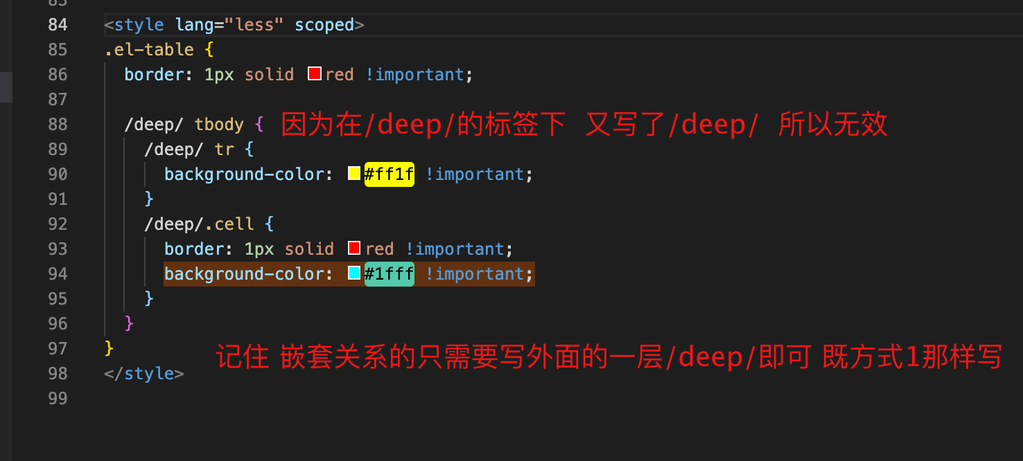 /deep/使用方式方式；/deep/无效； ::v-deep和＞＞＞使用；