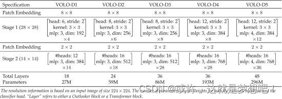 Architectural information of different variants of VOLO