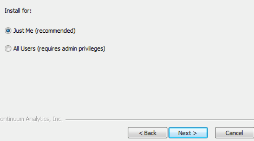 这里选择[just me]，查网站说选择下面那一个的话，安装什么东西的时候还要请求最高权限，感觉挺麻烦的，还是选第一个比较好