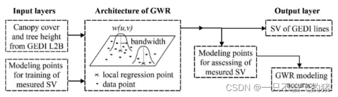 图4. 通过地理加权回归（GWR）建模从GEDI数据中提取SV的说明。W(u, v)是一个权重矩阵，以确保那些离未知点更近的观测值对结果的影响更大。