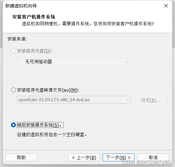 选择稍后安装操作系统，这里补充一下为什么这样呢，原因一选择光盘映像安装系统默认给你安装，是不安装桌面以及一些个人需要的功能