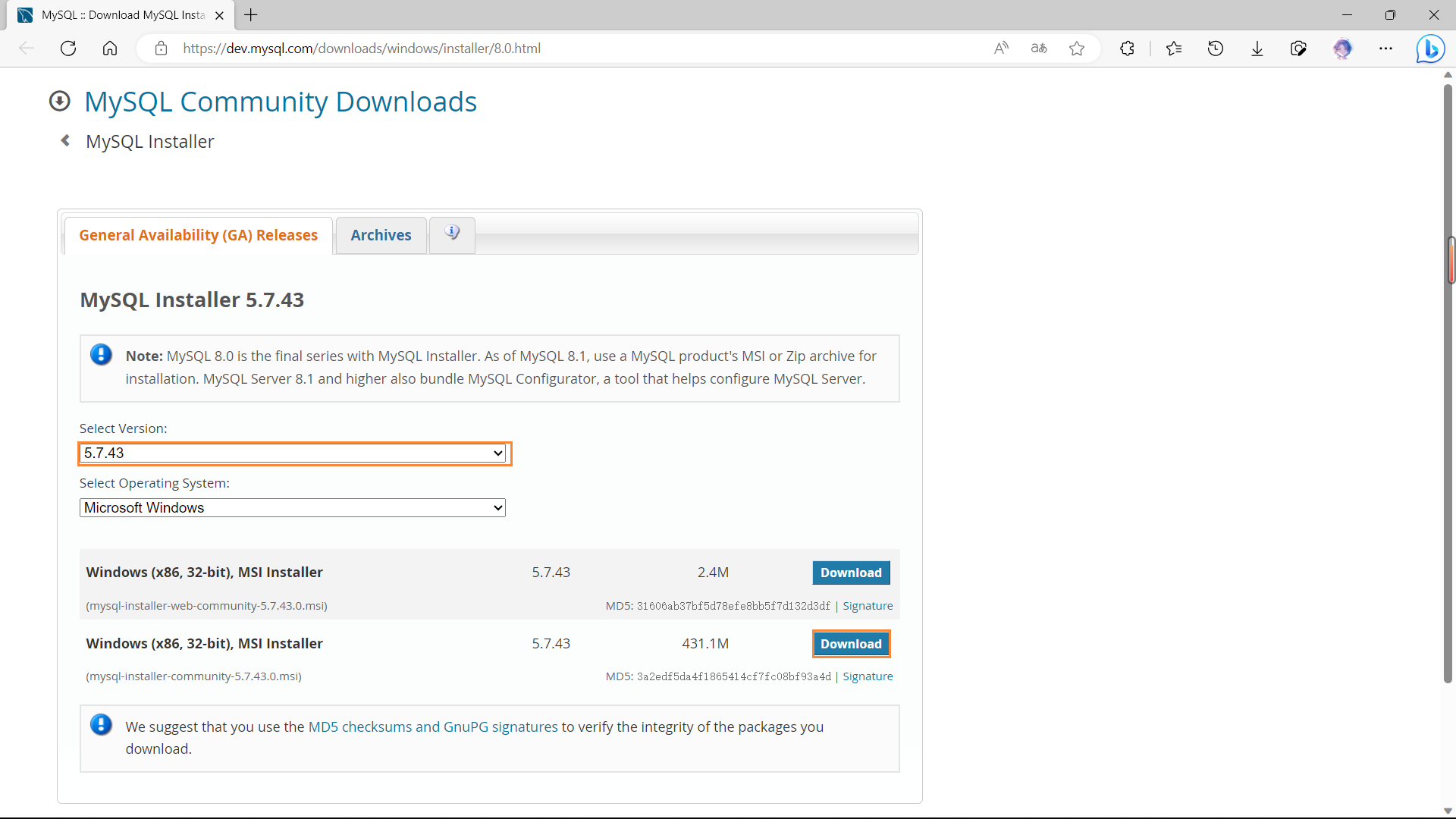 在 General Availability(GA) Releases 中选择适合的版本