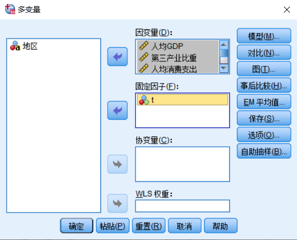 将变量放入因变量框，固定因子为组别