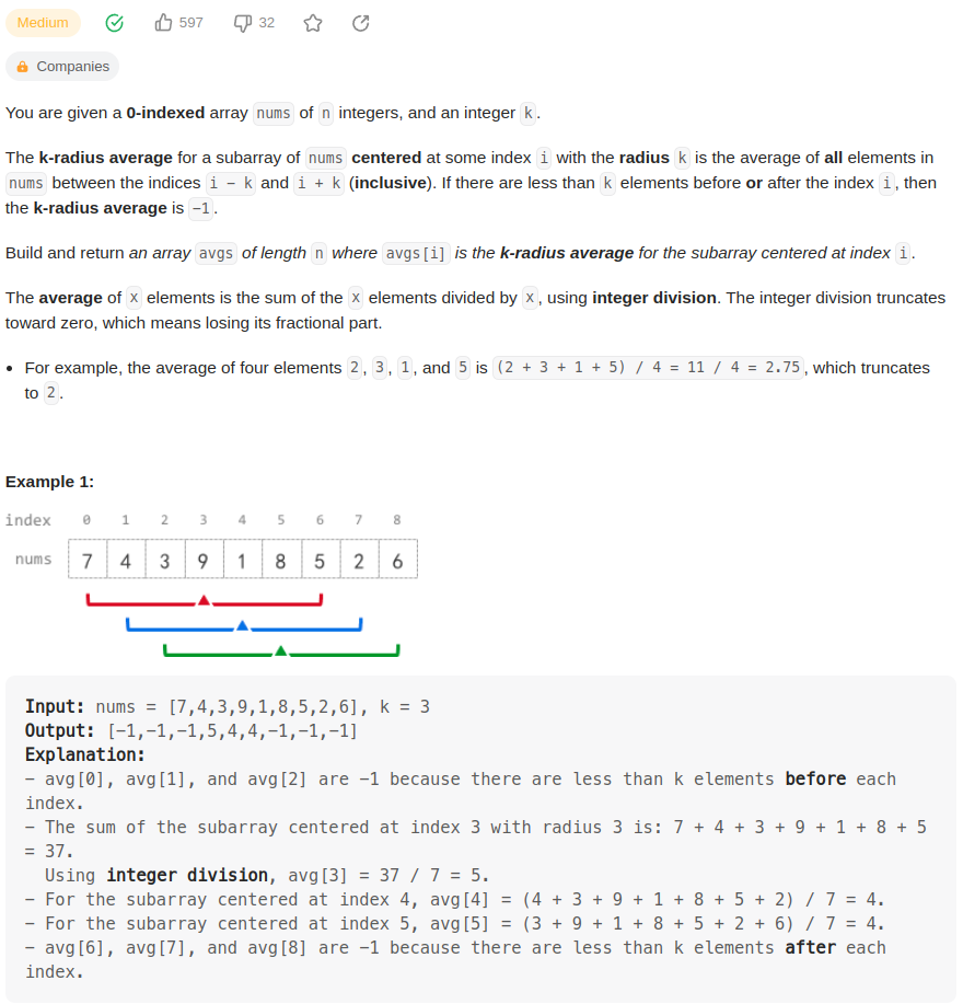 leetcode 2090. K Radius Subarray Averages（半径为k的子数组的平均）