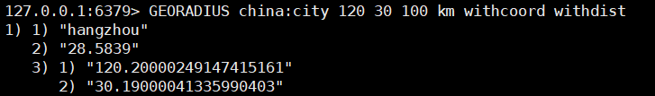 GEORADIUS key longitude latitude radius unit [WITHCOORD] [WITHDIST] [WITHHASH] [COUNT count]