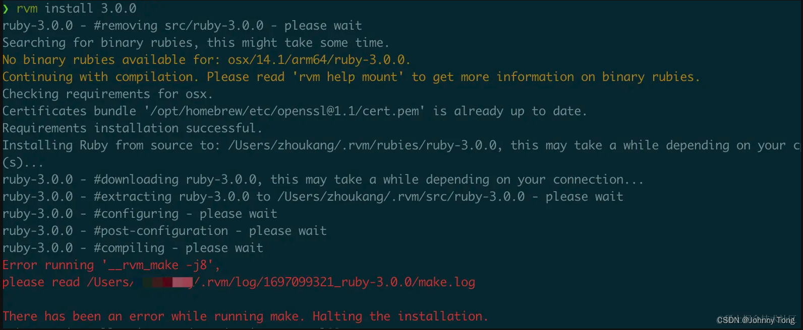 m1 rvm install 3.0.0 Error running ‘__rvm_make -j8‘