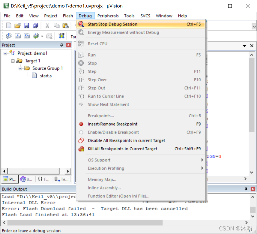 进入Keil5,Debug->Start/Stop Debug Session
