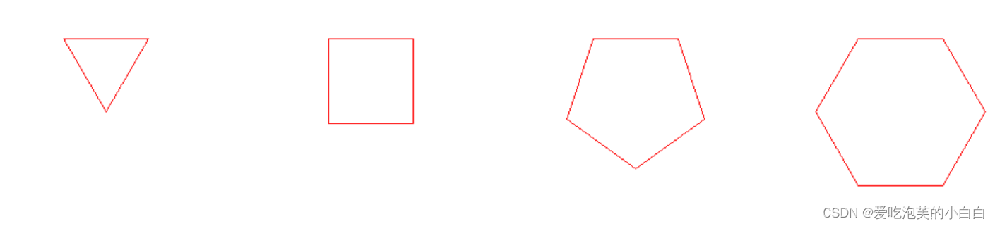 编写一个通用函数，从键盘输入n，显示正n边形。通过调用函数，在屏幕上同时显示下面的四个图形