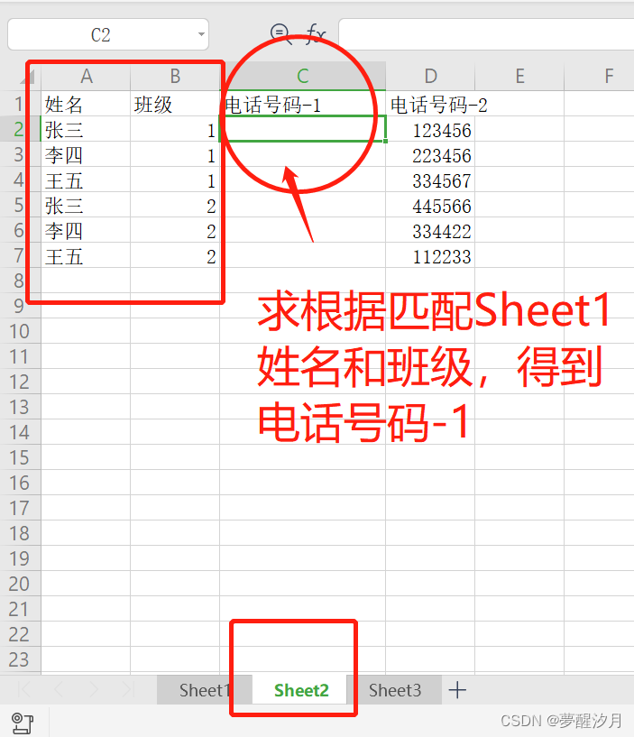 Sheet2里面有姓名、班级、电话号码-1、电话号码2的数据。