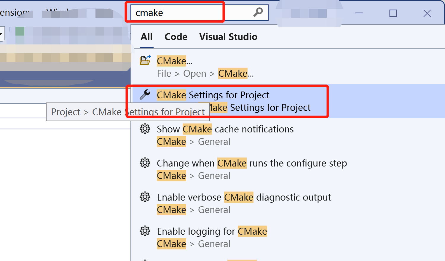 在 Visual Studio 的搜索中 查找 CMake Settings for Project