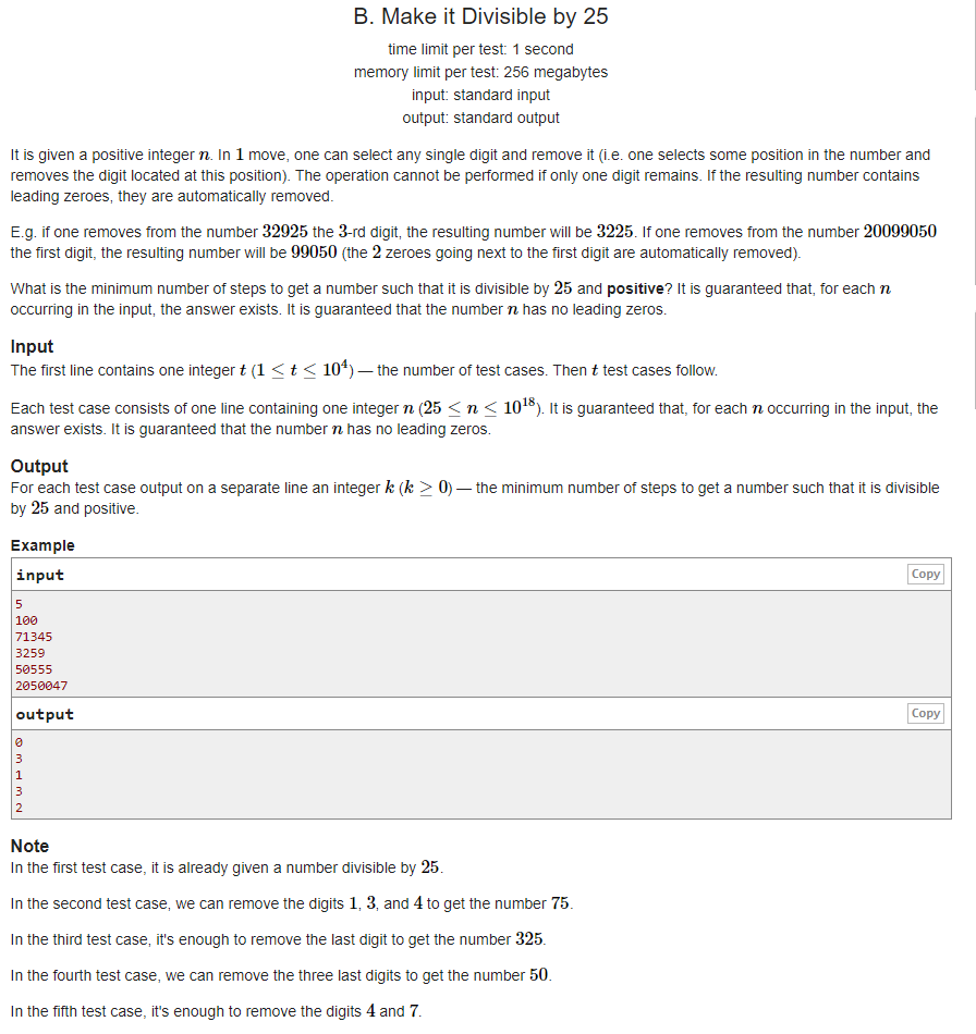 Codeforces Round 748 (Div. 3)B.Make it Divisible by 25[暴力，思维