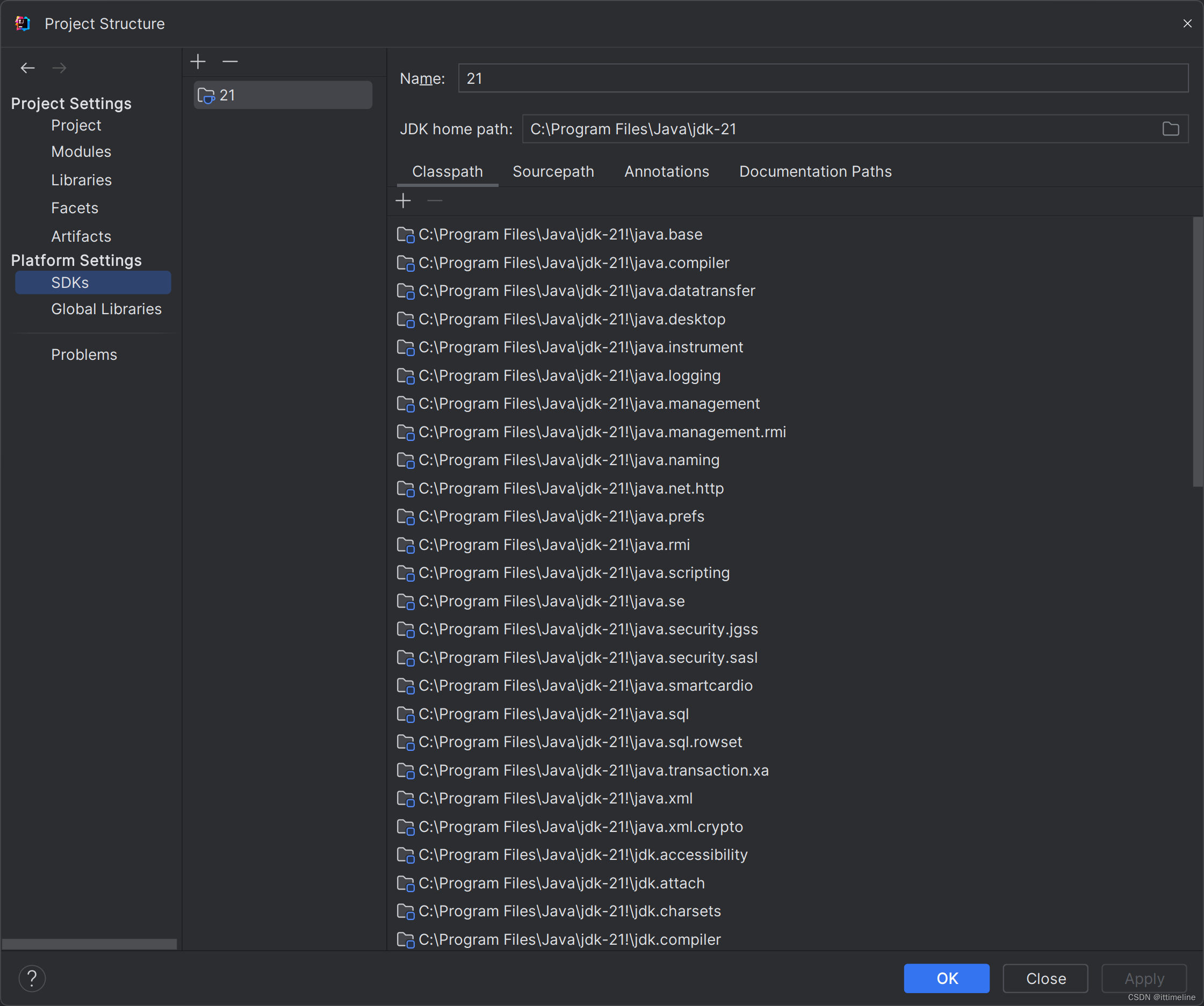 Platform Settings的SDKs集成了刚才添加的Java21