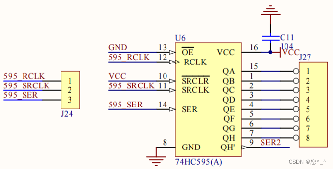 hc595芯片具有串行输入并行输出功能,这样就可以让单片机以较少的引脚