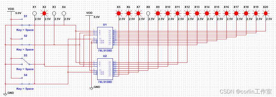 Multisim14.0仿真（十九）两片74LS138接成4线16线译码器