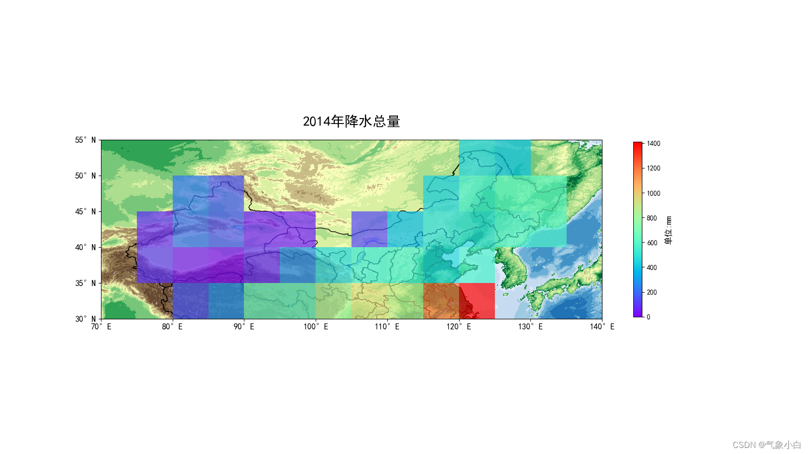 Python | 计算中国5°×5°方格 年总降水