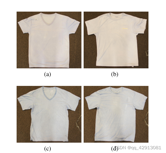 Fig.6.收集服装试验时使用了四件T恤：a）T恤1：涤纶和V领，b）T恤2：涤纶和圆领，c）T恤3：棉质和V领，d）T恤4：棉质和圆领 