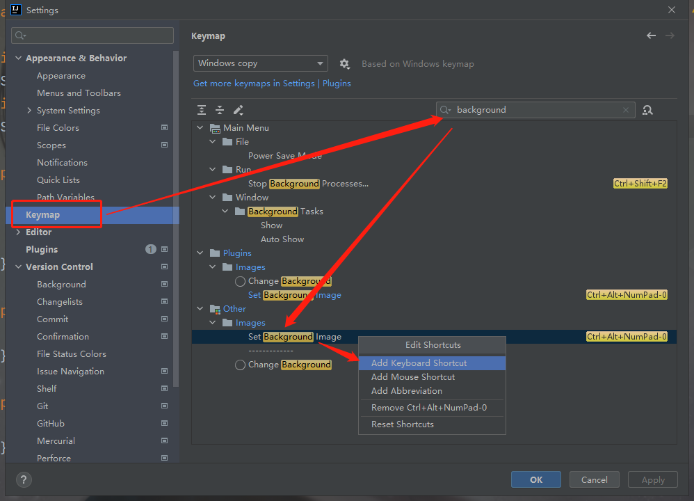 設置idea背景圖片file->settings->keymap,也可以ctrl alt s快速打開