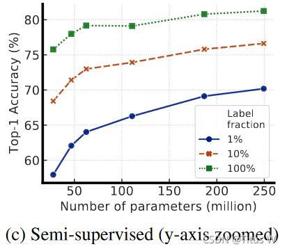 这里又发现，模型越大，label-efficient越高。而且在这个半监督的配置下面，随之模型尺寸的增加，使用相同的label，获得的准确率是逐渐增加的，而对于图a有监督的模式下趋势就不那么明显。作者为了体现这个趋势，还故意把y轴放大了。