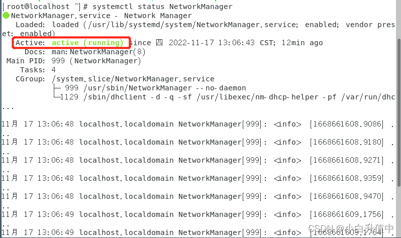 在Active一行中可以看到NetworkManager程序是运行状态。