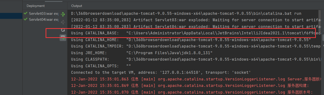 红线后半部分就是当前idea中tomcat文件，（相当与idea参照你下载的tomca又生成的一个tomcat）