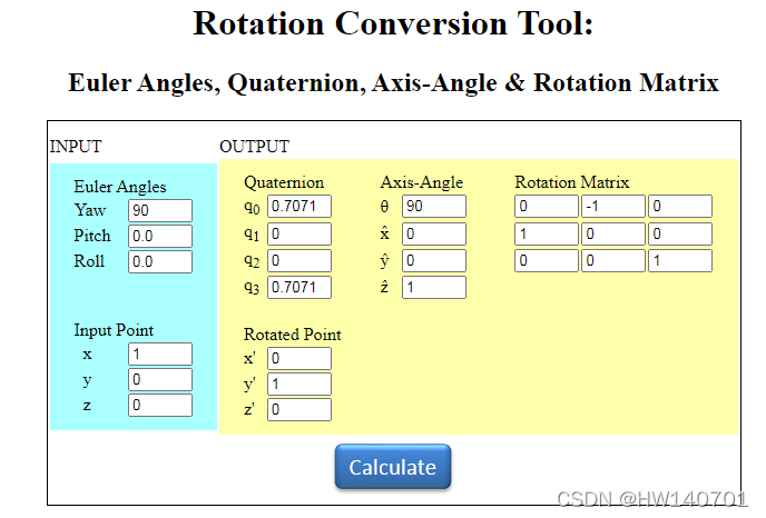 工具网站推荐 - 欧拉角四元数在线可视化转化网站/三维在线旋转变换网站