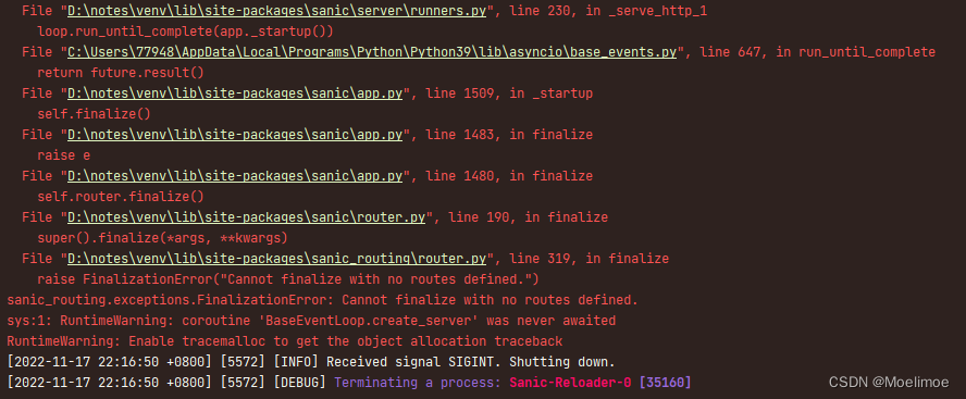 Sanic服务启动失败，报错Cannot finalize with no routes defined