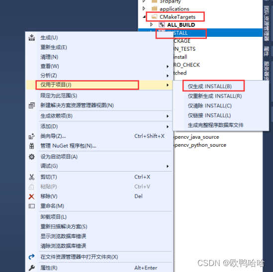 在CMakeTargets中的INSTALL，然后右键选择“仅限于项目”-->“仅生成INSTALL”；