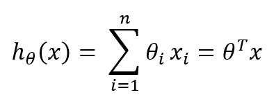 \ h_\theta\left(x\right)=\ \sum_{i=1}{n}\theta_ix_i=\thetaTx