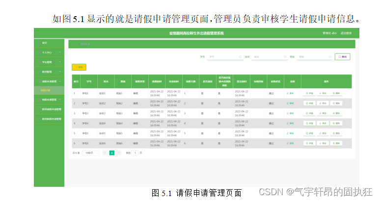 ssm+vue的疫情高校师生外出请假管理系统（有报告）。Javaee项目，ssm vue前后端分离项目。