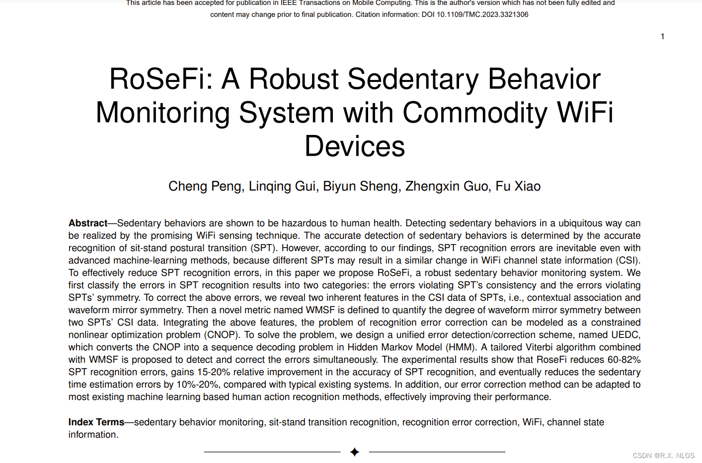 论文速递 TMC 2023 | RoSeFi: 一种利用商用WiFi设备进行稳健的久坐行为监测系统