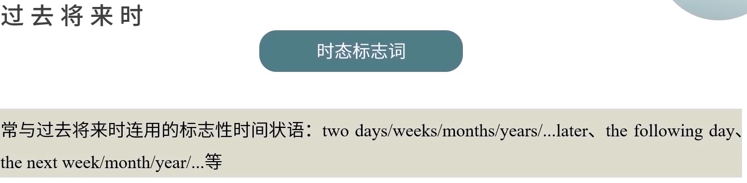 句子时态（通过谓语来判断）、一般现在时、一般过去时、一般将来时、过去将来时