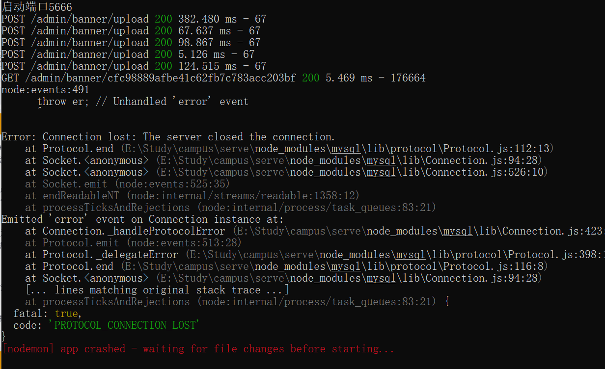 nodejs mysql Error Connection lost The server closed the